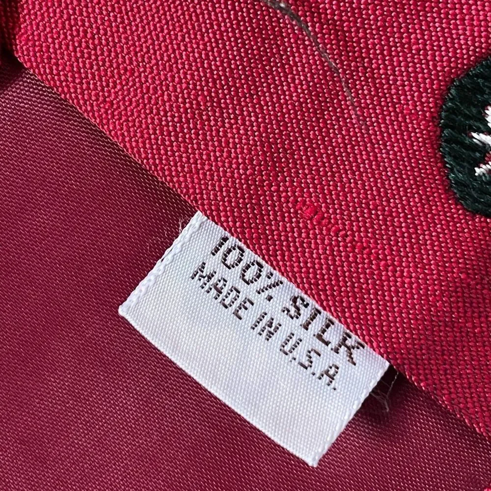 Yves Saint Laurent Vintage 100% Silk Red Christmas Tie w/Green Wreath Designs